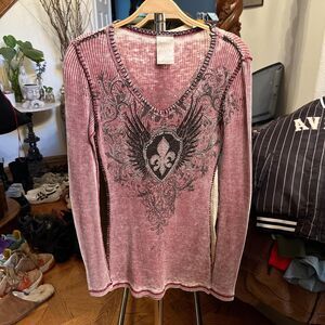 Adorable Y2K 2000s LOCAL Burgundy Rhinestone studded winged Longsleeve thermal